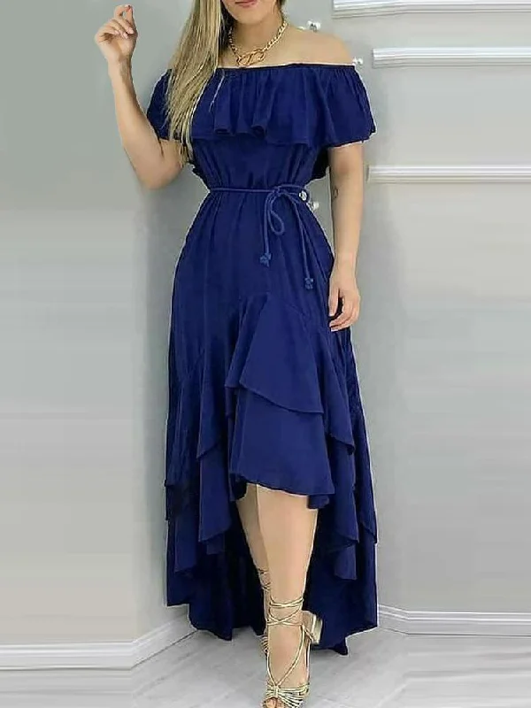 Layered Ruffles Asymmetrical Maxi Dress With Belt