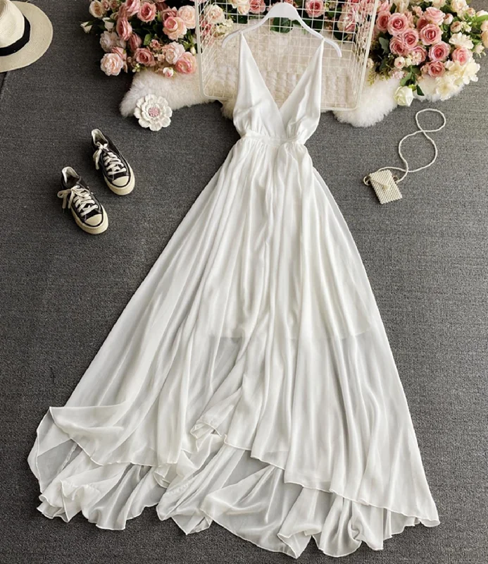 Simple A line chiffon dress white v neck dress  824